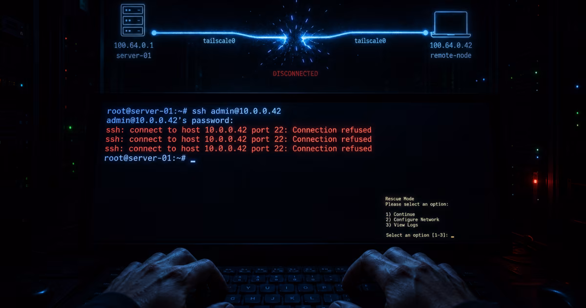 Server terminal showing connection refused with a severed network tunnel